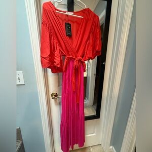 Red and Fuchsia Wrap Maxi Dress with Tie Waist